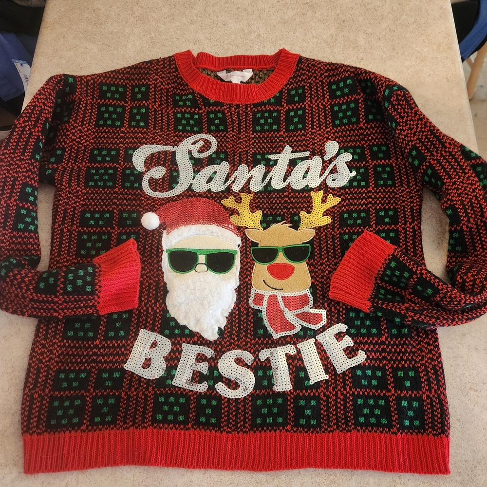 Jr's Med Festive Red and Green "Santas Bestie" Sweater W/Santa And Rudolph